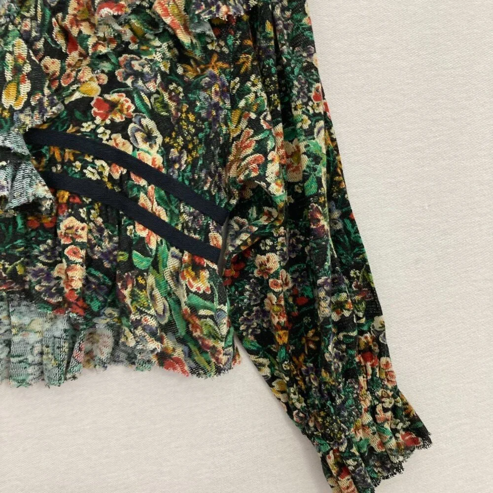 New Free People Green Multi Floral‎ Boho Rudi Ruffle Top XS Festival Whimsical